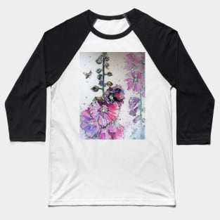 Pink Hollyhock Flowers and Bee Watercolor Baseball T-Shirt